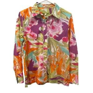 Sigrid Olsen Multicolor Floral Blouse Elegant Colorful Mature Pearl Detail Sz SP